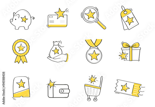 Reward bonus gift icon set. Hand-drawn sketch style icons of benefits, loyalty prizes, gifts, coupons,