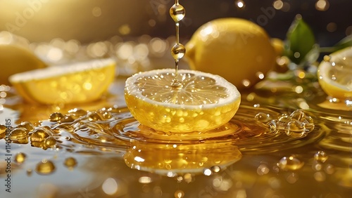 Close-up of a lemon slice with droplets falling into golden liquid, creating vibrant ripples and reflections, capturing the refreshing and zesty essence of citrus photo