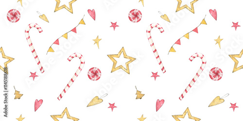 Festive seamless pattern. Hand painted watercolor illustration. Print for wrapping paper, scrapbooking, cards and fabrics.