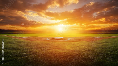 A vibrant baseball field at sunset with the glowing orange sky reflecting off the bases and green outfield.