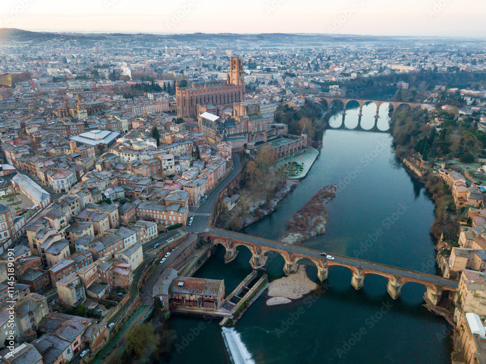Obraz premium View from drone of town of Albi with Sainte-Cecile cathedral and Tarn river, France..