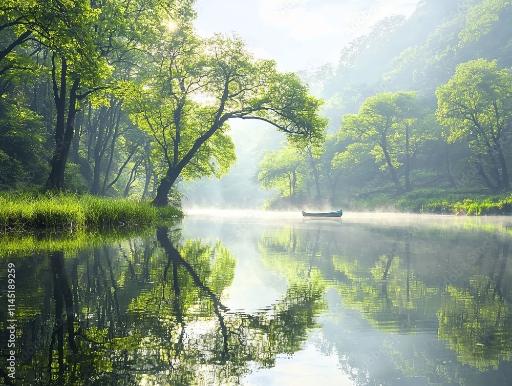 Serene river scene with lush trees and a boat, reflecting tranquility. Serene river scene with lush trees and a boat, reflecting tranquility.