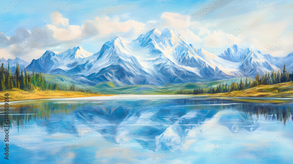 A tranquil mountain scene drawn with oil pastels showing snow-capped peaks and a reflective lake. A tranquil mountain scene drawn with oil pastels showing snow-capped peaks and a reflective lake.