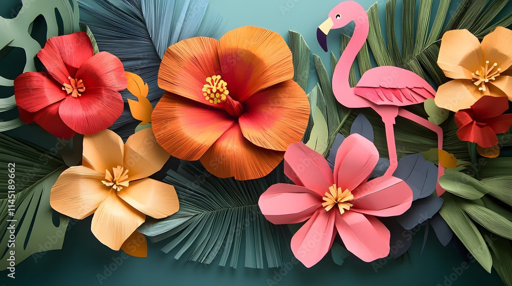 A tropical-inspired paper flower bouquet with vibrant hibiscus bright bird-of-paradise flowers and lush green leaves. A tropical-inspired paper flower bouquet with vibrant hibiscus bright bird-of-paradise flowers and lush green leaves.