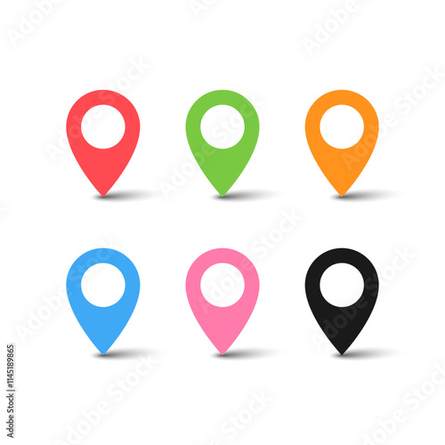 Colorfull map location pin buttons set on white background, simple flat symbols with shadow of geo positioning.