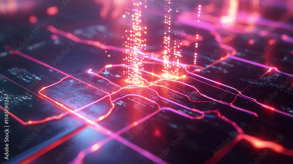Digital network connections illuminated in vibrant red and purple colors at night Digital network connections illuminated in vibrant red and purple colors at night