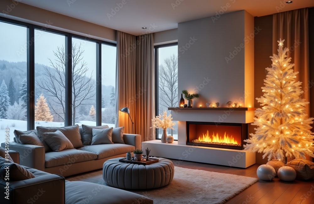 Fototapeta premium Cozy modern living room with snowy mountain view. Warm ambient lighting highlights minimalist white Christmas tree, sleek electric fireplace. Stylish furniture creates festive yet contemporary