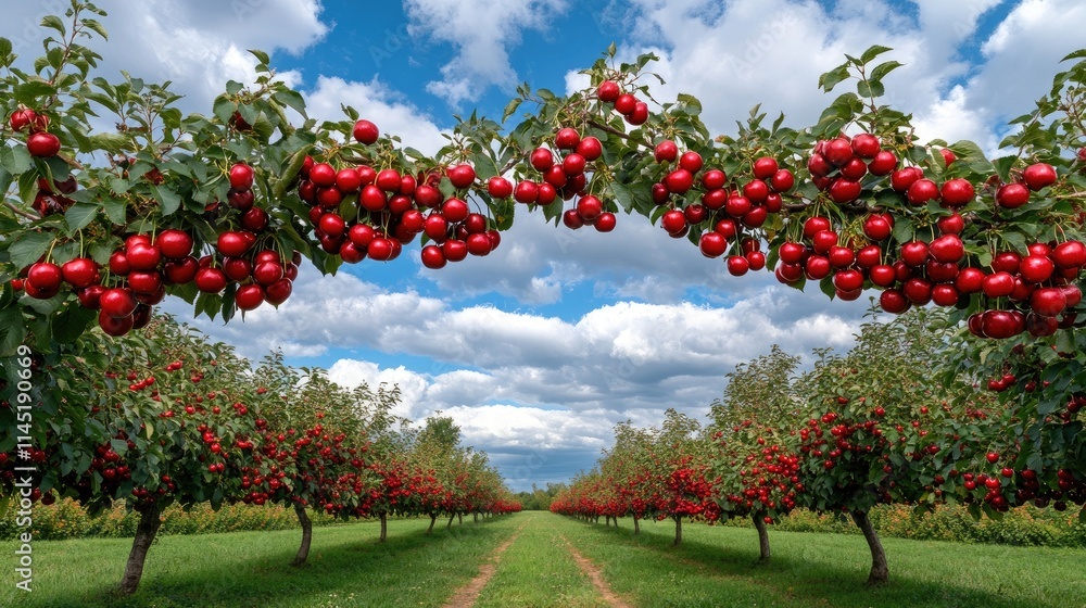 Bright red cherries dangle from branches amid verdant trees against a clear blue sky Bright red cherries dangle from branches amid verdant trees against a clear blue sky