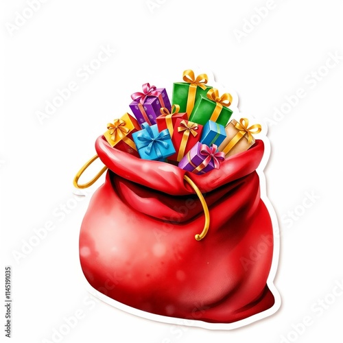 A red sack filled with assorted colorful gifts, wrapped and ribboned, set against a plain white background, highlighting the festive theme. photo