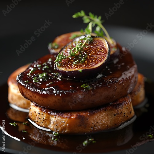 Seared foie gras with figs and thyme on toasted brioche. photo