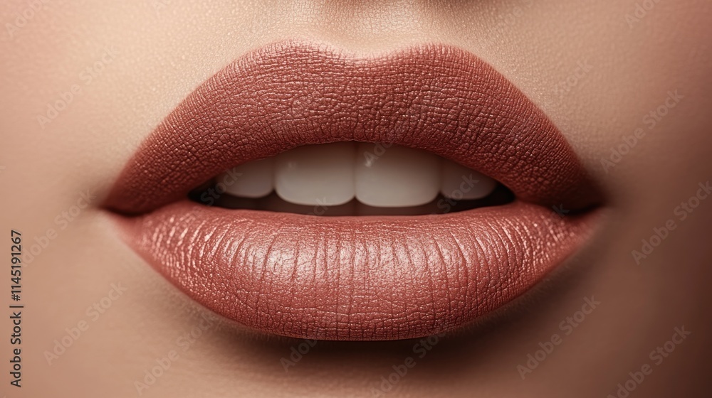 Close-up of full lips with a subtle nude lipstick shade and visible teeth. Close-up of full lips with a subtle nude lipstick shade and visible teeth.