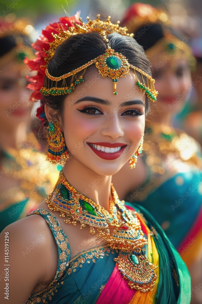 Traditional dancer displays vibrant attire and joyful expression during festival celebration in a lively outdoor setting. Generative AI Traditional dancer displays vibrant attire and joyful expression during festival celebration in a lively outdoor setting. Generative AI