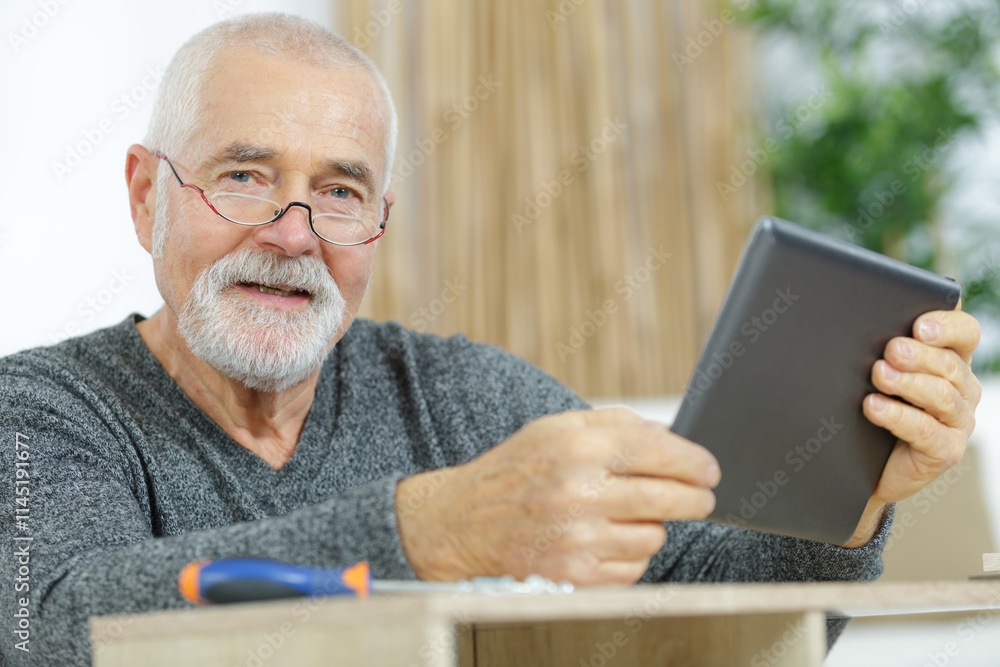 smiling senior man using digital tablet to build a furniture smiling senior man using digital tablet to build a furniture