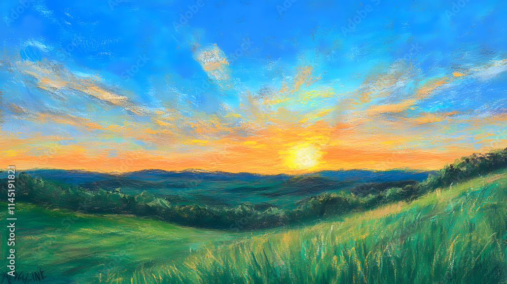 A vibrant landscape drawn with oil pastels featuring a golden sunset over rolling green hills and a clear blue sky. A vibrant landscape drawn with oil pastels featuring a golden sunset over rolling green hills and a clear blue sky.