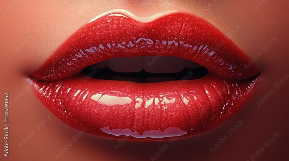 Obraz premium Close-up of glossy red lips with a subtle shine and slightly open mouth.