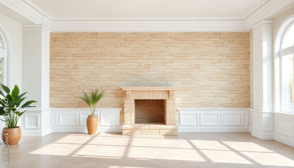 Fototapeta premium Clear afternoon Neo-Classical Stone Wall Living Room featuring white decorative skirting boards for an elegant touch