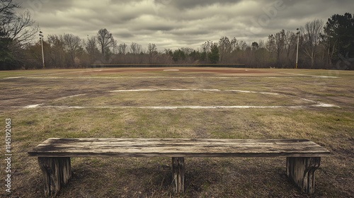 A weathered baseball field with faded chalk lines and patches of grass missing surrounded by rustic wooden bleachers.