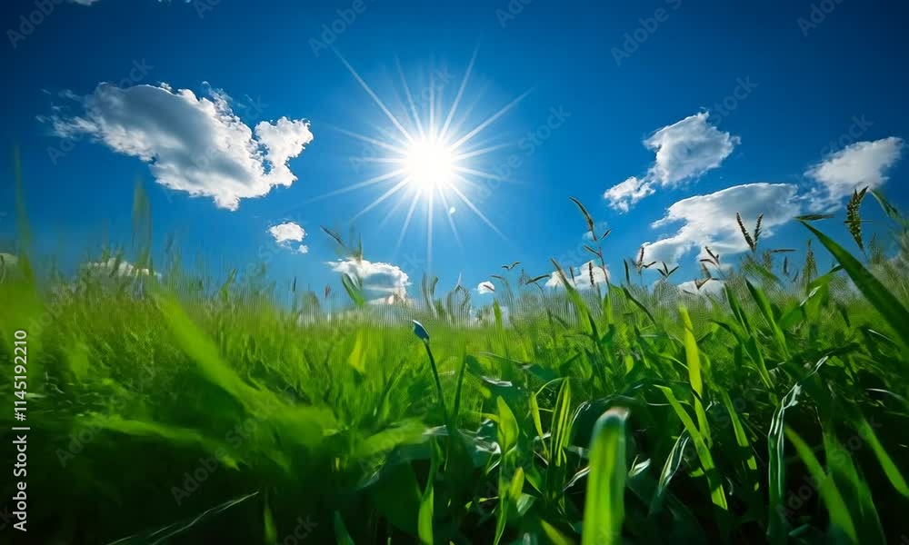 A vibrant field of grass under a bright sun and blue sky, showcasing nature's beauty. A vibrant field of grass under a bright sun and blue sky, showcasing nature's beauty.