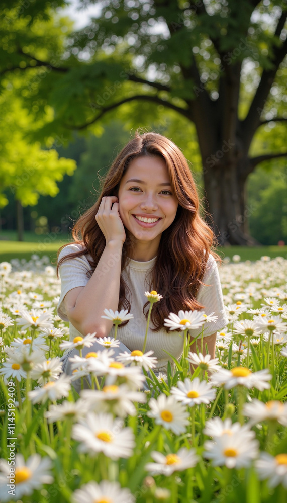 Smiling woman surrounded by daisies in sunny meadow. Smiling woman surrounded by daisies in sunny meadow.