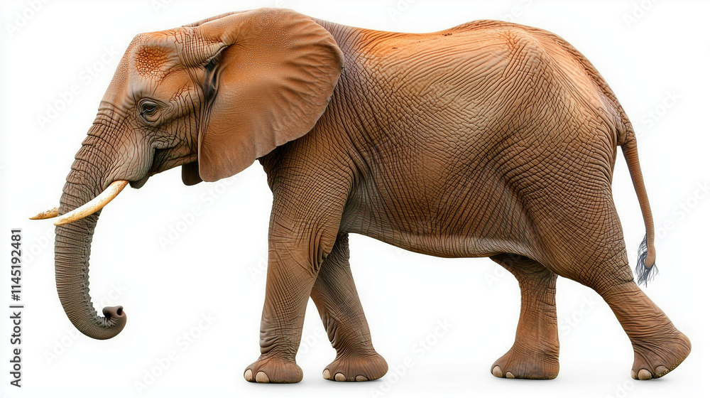 Fototapeta premium An elephant with large ears and a long trunk walks across a white background..