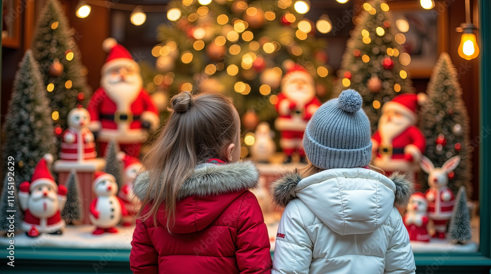 Two young children standing in front of a Christmas themed store window display Two young children standing in front of a Christmas themed store window display