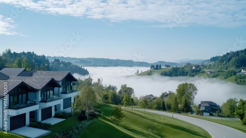 Wallpaper Mural Modern house on hilltop overlooking foggy valley. Torontodigital.ca