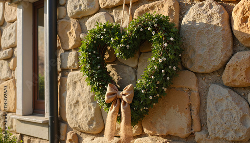 Heart-shaped rustic wreath on a stone wall with bow detail. Valentine's Day desoration. photo