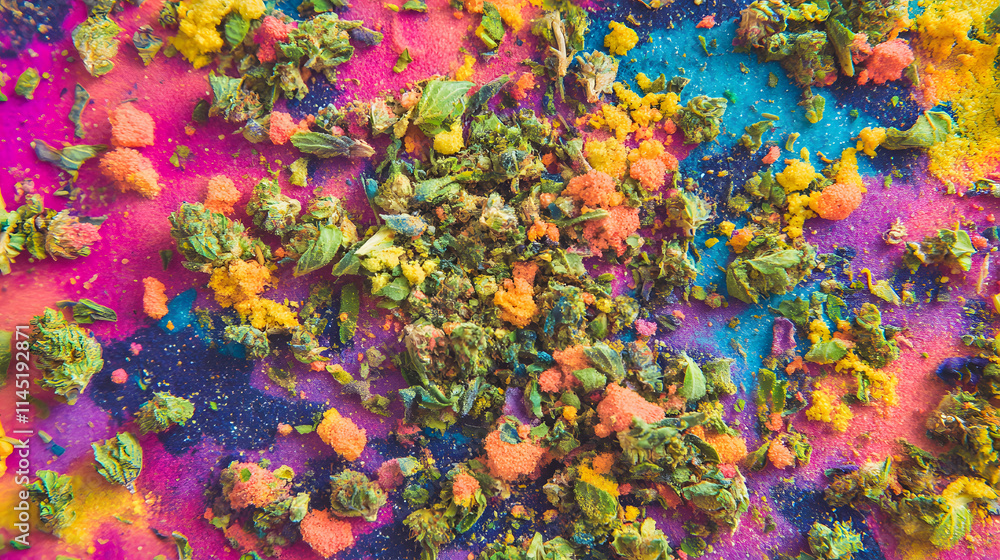Fototapeta premium A vibrant pile of finely ground weed and fresh green buds resting on a colorful gradient background.