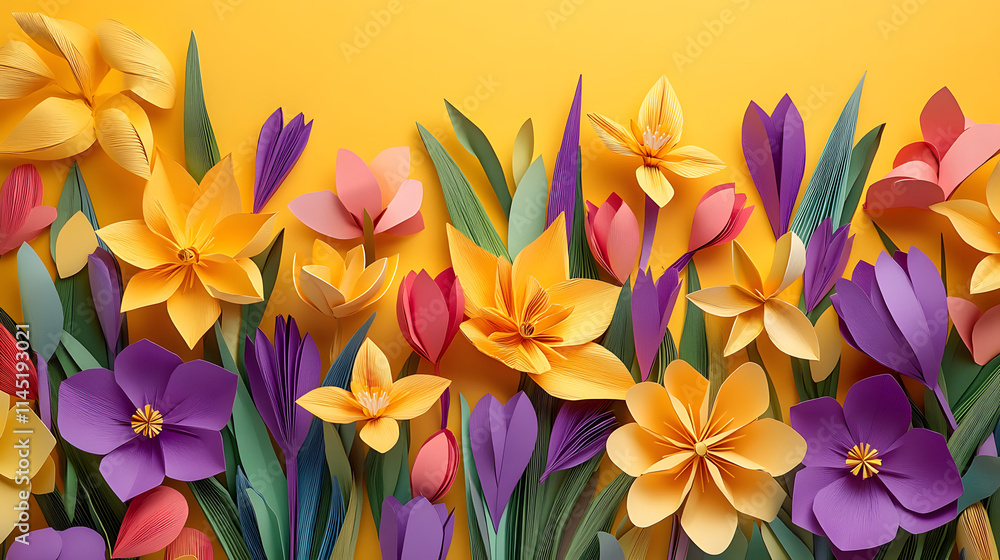 Obraz premium A vibrant spring-themed paper flower bouquet featuring tulips daffodils and crocuses in bright yellows and purples.