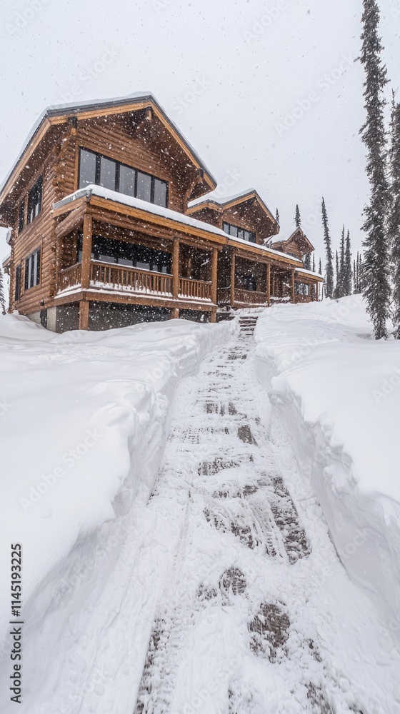 Snow-covered wooden house with a pathway in a winter landscape. Snow-covered wooden house with a pathway in a winter landscape.