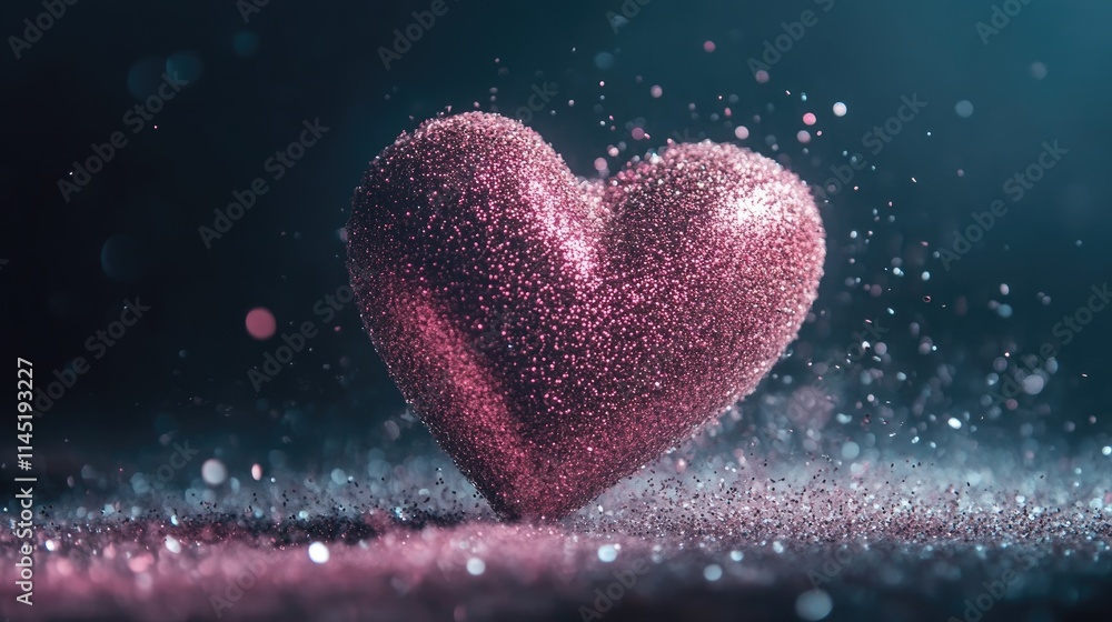 Fototapeta premium Sparkling Pink Glitter Heart on Dark Background with Glowing Effect