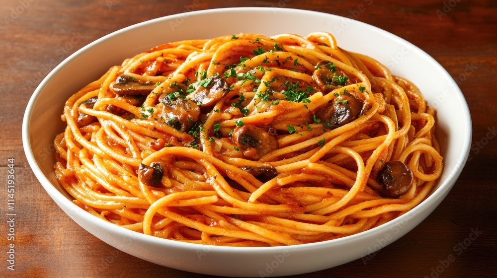 Delicious Spaghetti with Mushrooms and Herbs in White Bowl Delicious Spaghetti with Mushrooms and Herbs in White Bowl