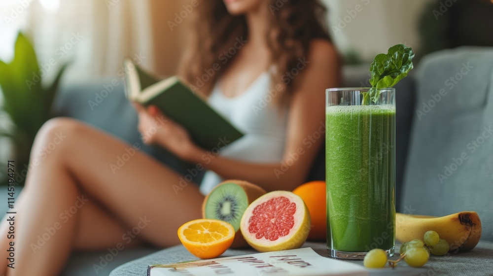 A refreshing green smoothie with fresh fruits on a table, with a woman reading a book in the background A refreshing green smoothie with fresh fruits on a table, with a woman reading a book in the background