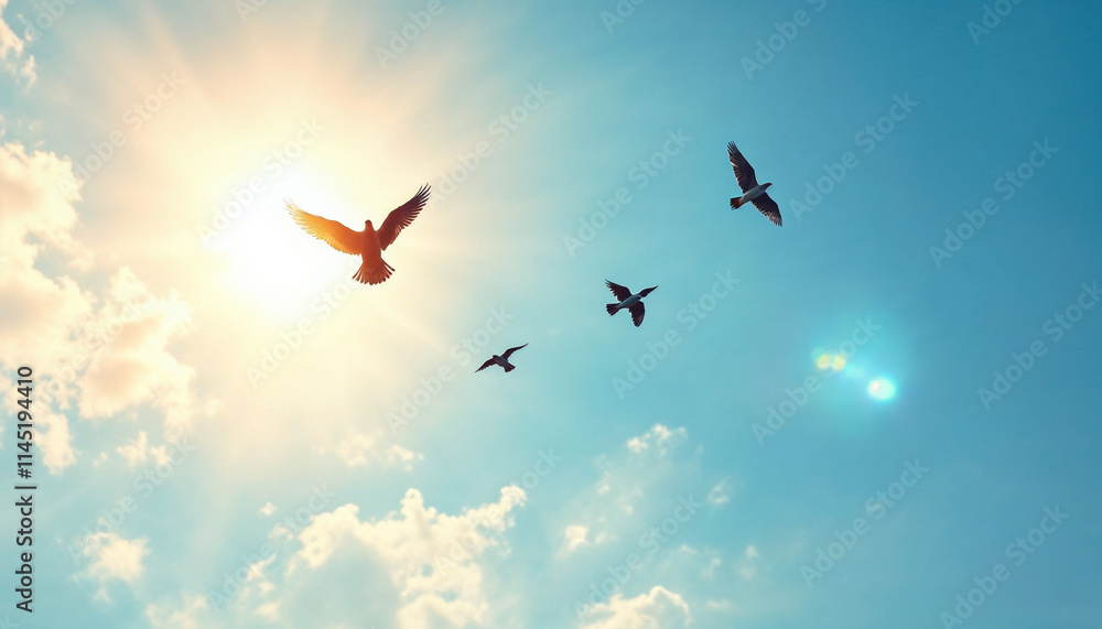Fototapeta premium Birds soar gracefully against a bright sky during a sunny day in the afternoon light
