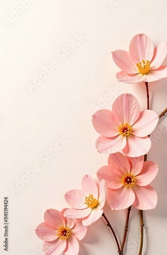 A vertical arrangement of blooming pale pink flowers with soft petals and bright yellow stamens on slender stems, set against a warm, minimal background for an elegant composition