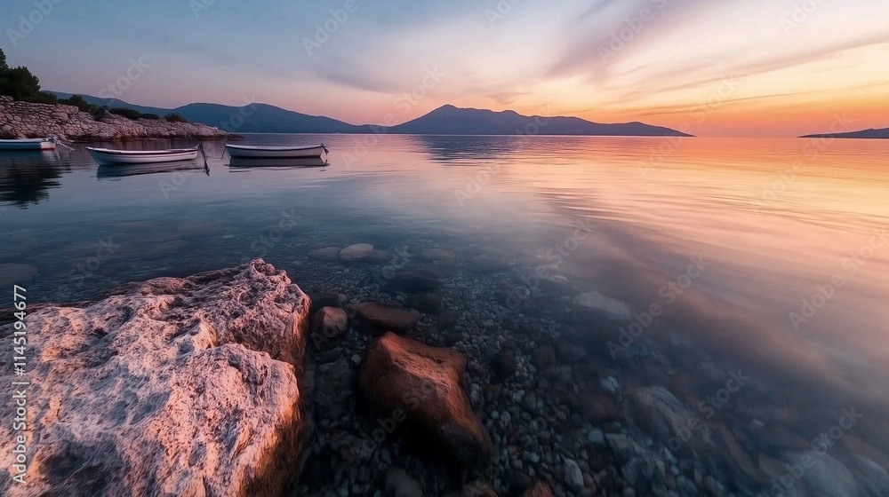 Serene sunset view over calm waters with small boats near rocky shore Serene sunset view over calm waters with small boats near rocky shore