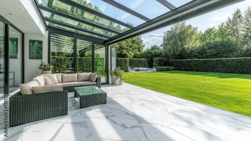Modern patio with retractable glass roof, overlooking lush green lawn.