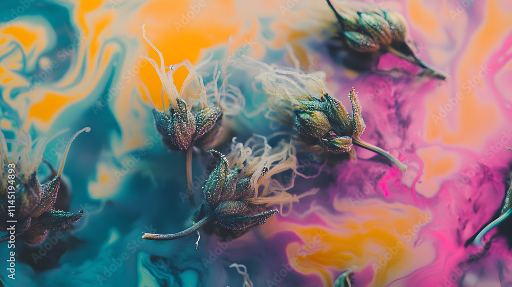 Fototapeta premium A vivid composition of scattered weed and compact buds on a surreal multicolored surface.