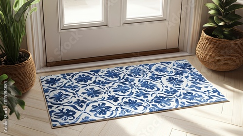 Blue and white patterned mat with floral Moroccan-inspired tile design placed by a bright door near potted plants.