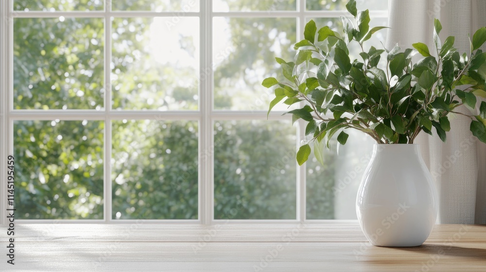 Sunlight streams through a window, highlighting a green plant in a white ceramic vase on a wooden table, creating a warm, inviting atmosphere Sunlight streams through a window, highlighting a green plant in a white ceramic vase on a wooden table, creating a warm, inviting atmosphere
