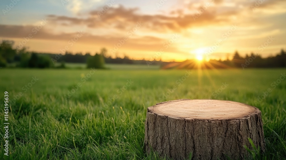 A wooden stump sits on lush green grass as the sun sets behind a dense forest. The warm sunlight casts a golden glow, creating a tranquil evening atmosphere. A wooden stump sits on lush green grass as the sun sets behind a dense forest. The warm sunlight casts a golden glow, creating a tranquil evening atmosphere.