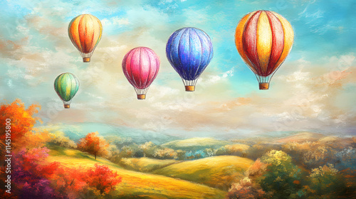 A whimsical hot air balloon scene drawn with oil pastels with vibrant balloons floating over a rolling landscape. photo