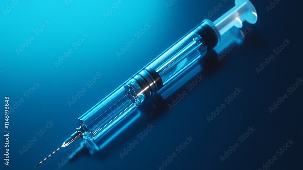 A clear syringe with a needle, resting on a reflective surface, illuminated. A clear syringe with a needle, resting on a reflective surface, illuminated.