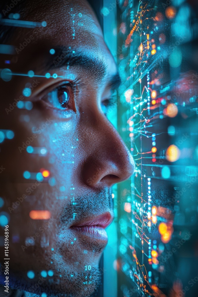Man gazes intently at a digital display filled with vibrant data patterns in a technological setting during the night. Generative AI Man gazes intently at a digital display filled with vibrant data patterns in a technological setting during the night. Generative AI