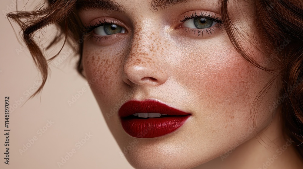 Close-up portrait of a woman with freckles and bold red lips, showcasing beauty and makeup. Close-up portrait of a woman with freckles and bold red lips, showcasing beauty and makeup.