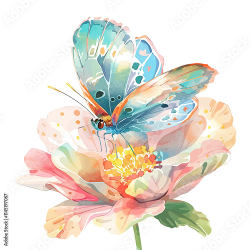 A watercolor vector of a spring butterfly resting on a flower, isolated on a white background. Butterfly vector.
