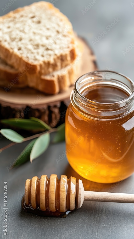A jar of golden honey sits beside delicate white flowers on a light surface. A wooden honey dipper leans against the jar, creating a calm and natural atmosphere. A jar of golden honey sits beside delicate white flowers on a light surface. A wooden honey dipper leans against the jar, creating a calm and natural atmosphere.