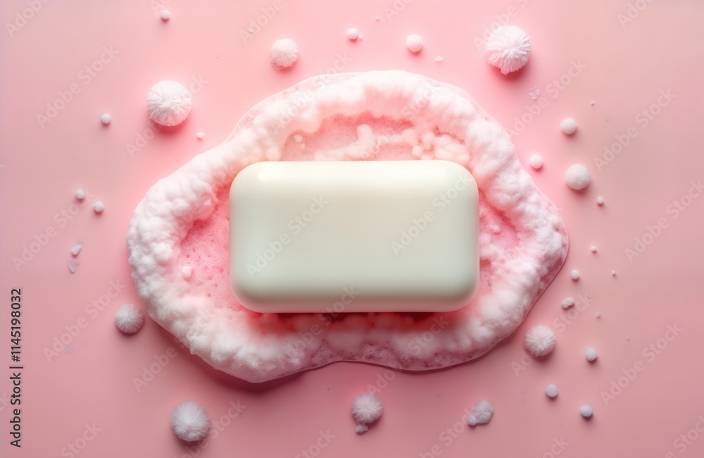 White bar of soap sits in pile of pink soap foam on pastel pink background. Close-up flat lay presentation emphasizes soft texture, color. Photo ideal for skincare, hygiene products. Pink, white White bar of soap sits in pile of pink soap foam on pastel pink background. Close-up flat lay presentation emphasizes soft texture, color. Photo ideal for skincare, hygiene products. Pink, white