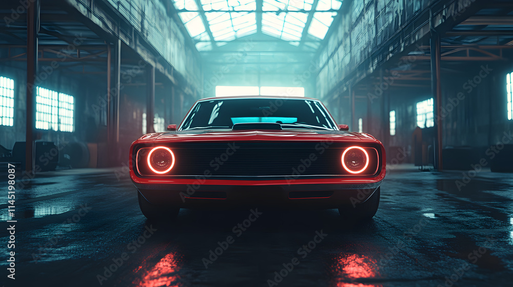 Obraz premium A bold muscle car front view with circular headlights glowing in a dimly lit industrial warehouse.