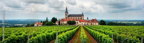 Panoramic view of Saint Emilion vineyards in Bordeaux France. Rows of grape vines stretch across landscape towards medieval church, old town buildings. Green grapevines dominate vista. Wine